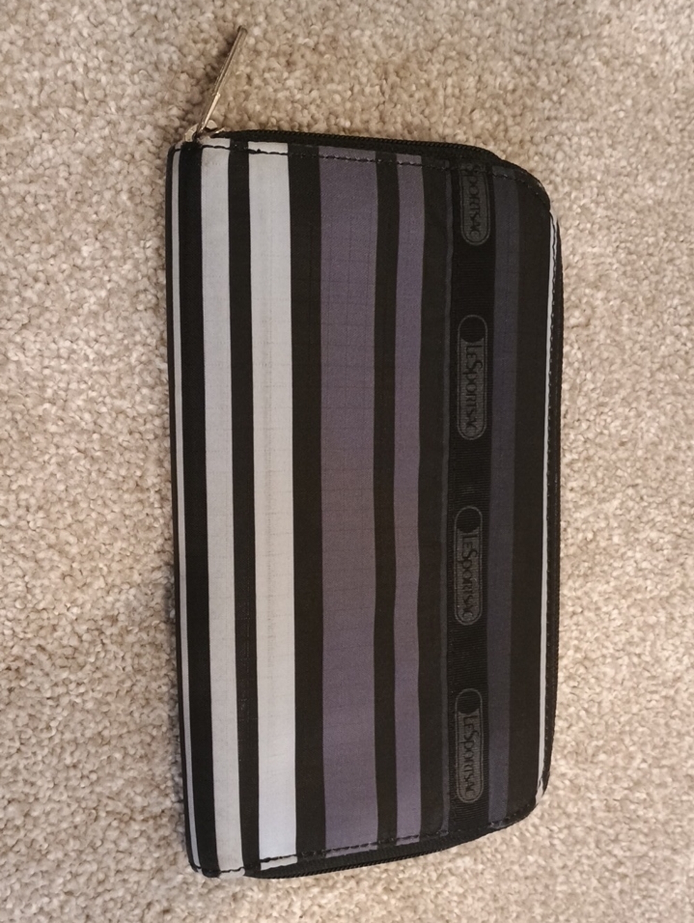 Lesportsac Black, Gray & White Striped Zip-Around Wallet